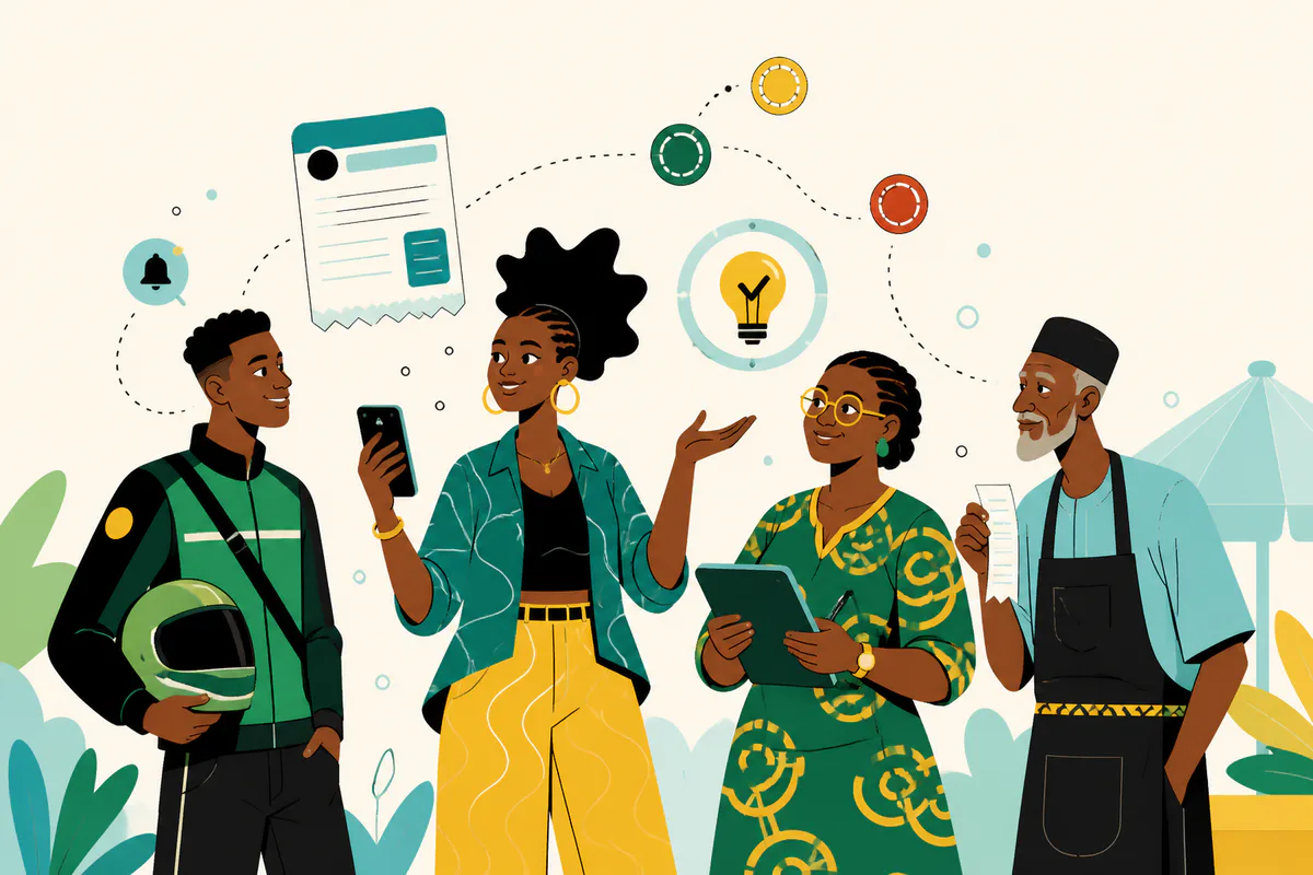 Illustration vectorielle de quatre Camerounais de générations différentes réunissant téléphone, registre et reçu autour d’une même cotisation